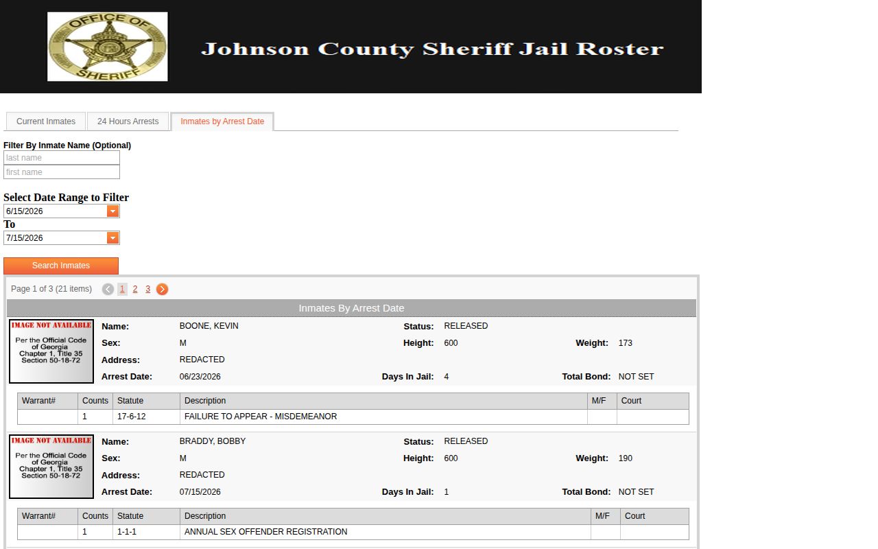 Johnson County released inmates arrest-date status search